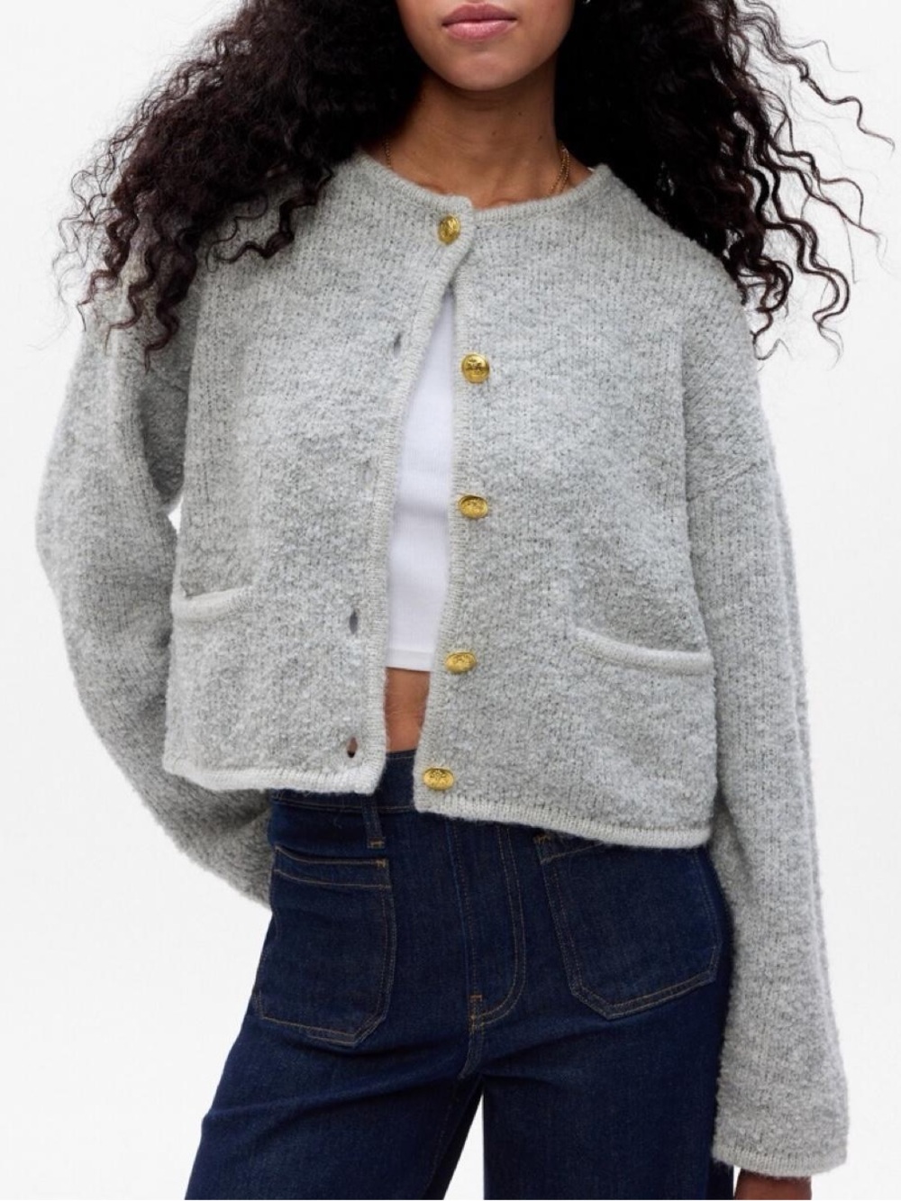 GAP Gray Crewneck Cardigan with Gold Buttons Small Petite
